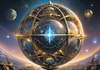 Surreal Zodiac Sphere with Engraved Signs and Faint Cyberpunk Stars Background