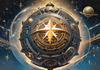 Surreal Zodiac Sphere with Engraved Signs and Faint Cyberpunk Stars Background
