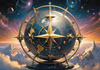 Surreal Zodiac Sphere with Engraved Signs and Faint Cyberpunk Stars Background