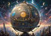 Surreal Zodiac Sphere with Engraved Signs and Faint Cyberpunk Stars Background