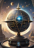 Surreal Zodiac Sphere with Engraved Signs and Faint Cyberpunk Stars Background