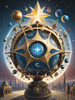 Surreal Zodiac Sphere with Engraved Signs and Faint Cyberpunk Stars Background